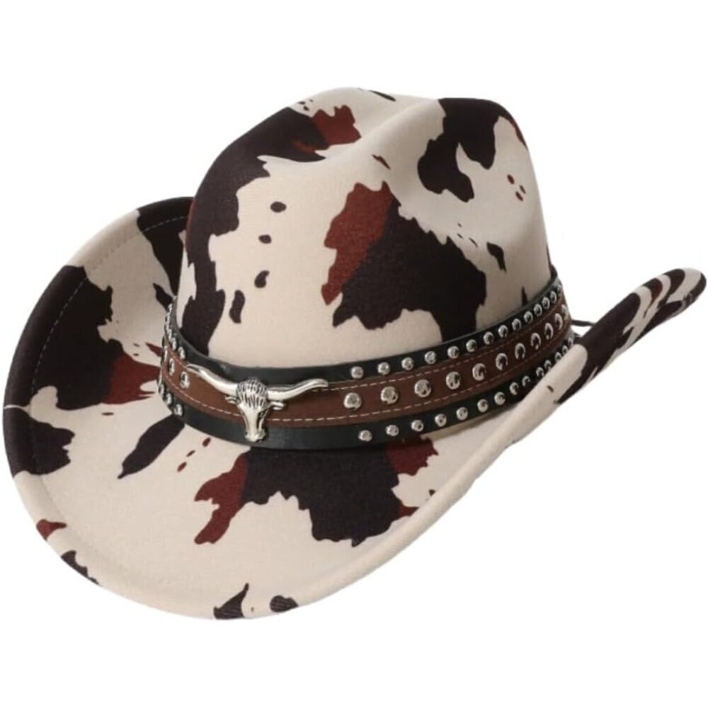 Women's Cow Print Cowboy Hat Felt Wide Brim Western Sun Festival Accessory